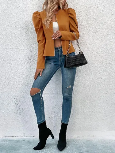 Vista 6 de MakeMeChic Abrigo de manga abombada con cremallera y dobladillo con volantes para mujer