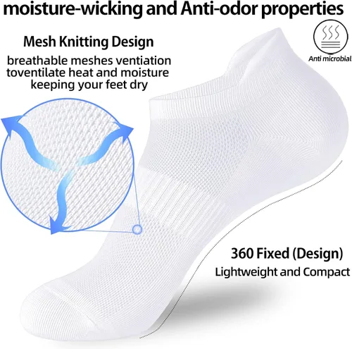 Vista 3 de Corlap Calcetines deportivos para correr al tobillo, delgados, invisibles, de corte bajo, para hombres y mujeres (5 y 8 pares), Blanco