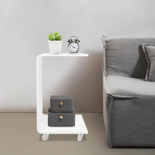 Vista 4 de Mesa auxiliar moderna de acrílico en forma de C con ruedas, mesa de noche con ruedas de 2 niveles para sala de estar, mesa auxiliar blanca lechosa