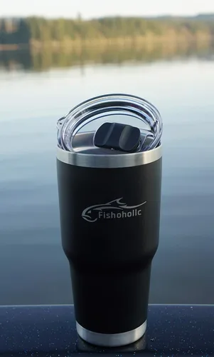 Vista 2 de Fishoholic Regalo de pesca – Vaso de acero inoxidable de doble pared – 20 onzas, 30 onzas y 36 onzas