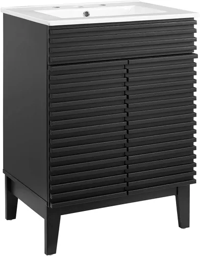 Vista 2 de Modway Render - Mueble de baño de estilo moderno de mediados de siglo con lavabo, color blanco y negro Negro blanco