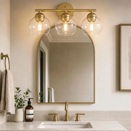 Vista 9 de Emak Lámpara de baño negra de 2 luces sobre el espejo, luces de tocador de baño con pantalla de vidrio transparente, VL114-BKL-2