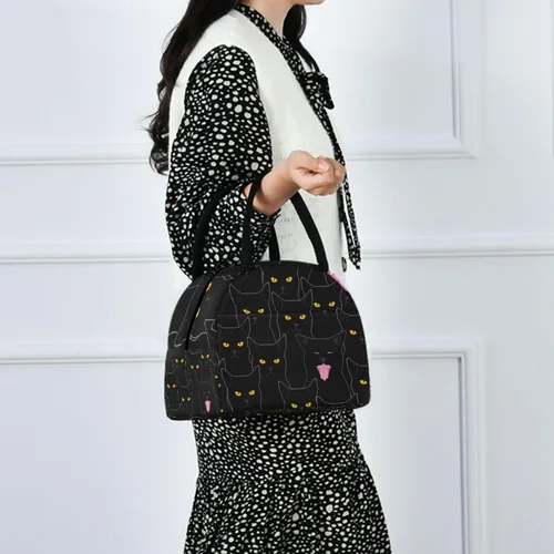 Vista 7 de Sinestour Bolsa de almuerzo con diseño de gato para mujer, bonita bolsa reutilizable, hielera negra aislada para la escuela, oficina, picnic, niños