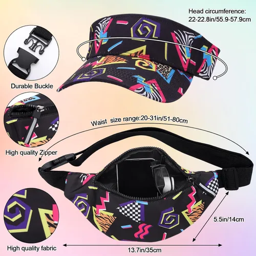 Vista 2 de Paquete de 2 riñoneras de los años 80 y 90 con visera para el sol, riñonera, traje retro de los años 80 y 90, accesorios de moda para hombres y Negro