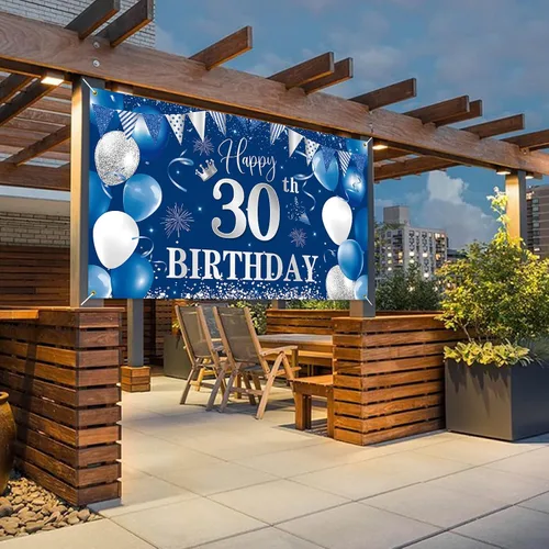 Vista 5 de Telón de fondo de pancarta de 30 cumpleaños, decoraciones de feliz cumpleaños de BTZO 30, fondo de fotos de tela azul plateada para hombres