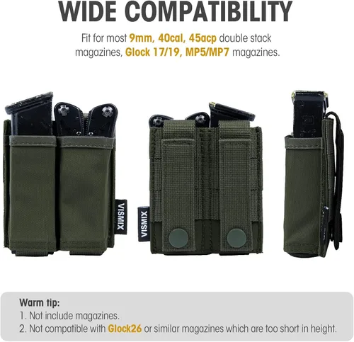 Vista 3 de VISMIX - Estuche para cargador de pistola, estuche doble de 9mm con inserción de Kydex de liberación rápida y compatible con MOLLE Verde Armada