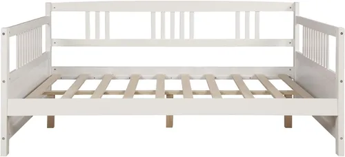 Vista 4 de Sofá cama de madera maciza de tamaño matrimonial, marco multifuncional para dormitorio/sala de estar, con soporte de tablas/espacio de Blanco Clásico