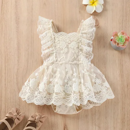 Vista 2 de ODASDO Mameluco de encaje para bebé niña con bordado delicado sin espalda con diadema de flores, 2 piezas de traje de pastel
