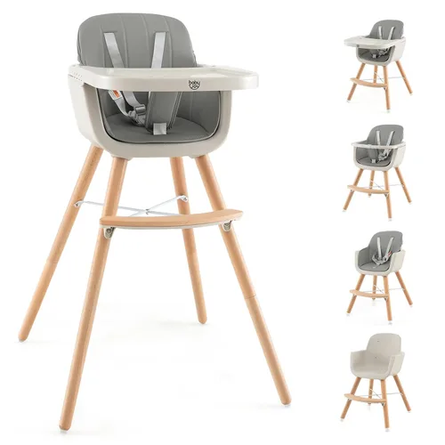 Vista 11 de BABY JOY Trona convertible para bebé, 3 en 1, silla alta de madera/asiento elevador/silla con bandeja extraíble, patas ajustables, arnés de 5 Beige