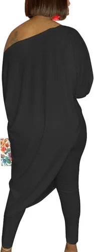 Vista 2 de Chatinction Conjunto casual de 2 piezas para mujer con hombros descubiertos dobladillo irregular conjunto de pantalones ajustados
