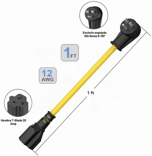 Vista 7 de 1-FT 12AWG ángulo recto 15 amperios enchufe de CA doméstico a cable adaptador de 20 amperios