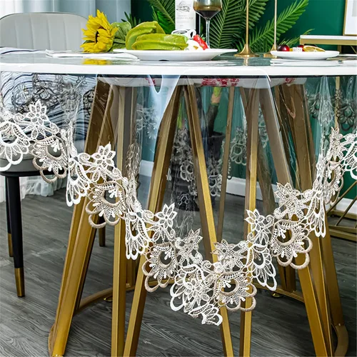 Vista 9 de Jeloris Mantel redondo de plástico transparente de vinilo PVC impermeable con borde de encaje bordado, cubierta de mesa transparente para cocina