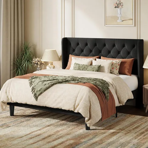 Vista 11 de SHA CERLIN Marco de cama tapizado completo, diseño capitoné con botones, color beige
