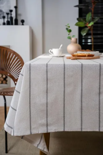 Vista 4 de ArtBud Manteles de Lino de Algodón Boho Estilo Granja Tela Pesada Cubierta de Mesa Arpillera a Rayas Lavable Superficie de Mesa para Fiestas Café
