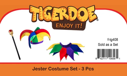 Vista 7 de Tigerdoe Disfraz de bufón sombrero, collar y varita Disfraz de payaso bufón bufón del rey Juego de 3 piezas azul