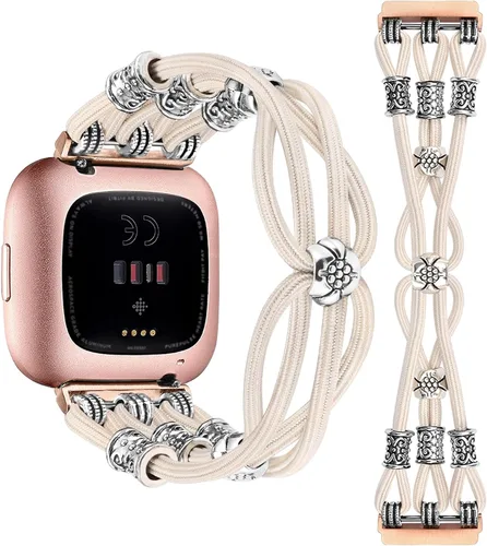 Vista 8 de TOYOUTHS Beaded Bracelet Band Compatible with Fitbit Versa 2/Fitbit Versa Bands Women, Boho Soft Elastic Stretchy Nylon Braided Strap Fancy Charms