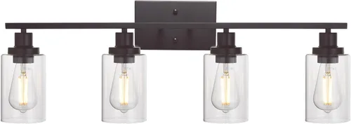 Vista 11 de MELUCEE Aplique de pared negro industrial vintage de 2 luces con pantalla de vidrio transparente y base de metal, luces de tocador de baño, apliques