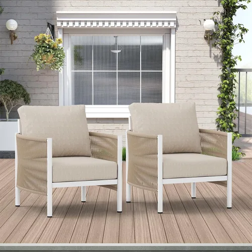 Vista 9 de Sofá de dos plazas de aluminio para patio exterior, sofá de patio de cuerda HDPE con cojín grueso lavable, muebles de patio para todo tipo de clima
