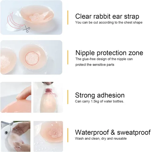 Vista 3 de 2 pares de brasier invisible con adhesivo para levantamiento de senos, sin tirantes, brasier invisible de silicona, con forma de orejas de conejo