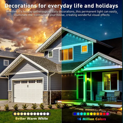 Vista 4 de Luces permanentes para exteriores de 100 pies, impermeable IP67 para techo de casa, vacaciones, fiesta, iluminación diaria, luces RGB inteligentes
