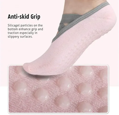 Vista 4 de Calcetines de yoga antideslizantes para mujer, calcetines pegajosos para pilates, barra pura, caminar y bikram fitness calcetines con puños