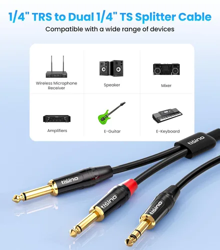 Vista 5 de tisino Cable Divisor en Y de 1/4 de pulgada TRS Estéreo a Dual 1/4 de pulgada TS Mono Cable de Inserción Cable de Distribución Estéreo Cable