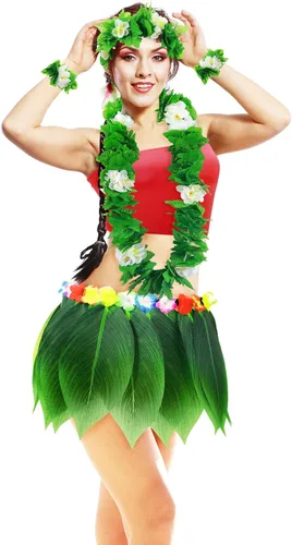 Vista 4 de Yahenda Disfraz hawaiano de 6 piezas para mujer, falda hula de hoja con top corto, collar de flores y trajes de Leis para fiesta de verano Luau