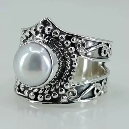 Vista 2 de Navya Craft Anillo de perlas, anillo de promesa de plata de ley 925 para mujer, perla de agua dulce natural, piedras preciosas redondas hechas a