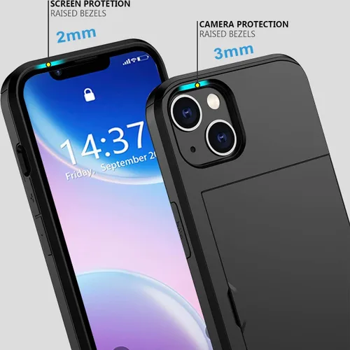 Vista 5 de Funda para iPhone 14 de 6.1 pulgadas, con ranura para tarjetero, 1 protector de pantalla de vidrio templado+1 protector de lente de cámara, doble