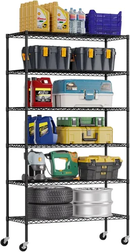 Vista 34 de FDW Estante de metal ajustable de 5 niveles con ruedas, capacidad de 250 libras, fácil montaje, ideal para espacios pequeños Negro