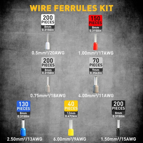 Vista 4 de Kit de herramientas de crimpado y pelado de virola de 1188 piezas, AWG 23-7 (0.25-10 mm²), pelacables automático con virolas de alambre, terminales