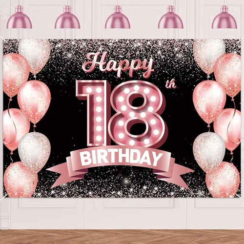 Vista 146 de Cartel de feliz cumpleaños décimo oro rosa, telón de fondo, saludos a 10 años, globos de confeti, decoración temática para niñas de 10 años
