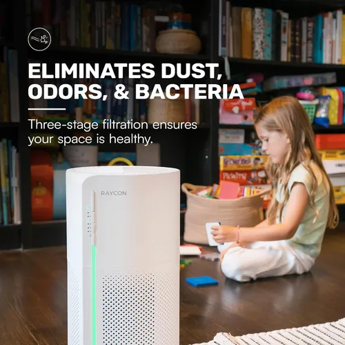Vista 6 de Raycon Purificador de aire de habitación, filtro HEPA reemplazable H13, indicador LED de calidad del aire, velocidades de ventilador ajustables
