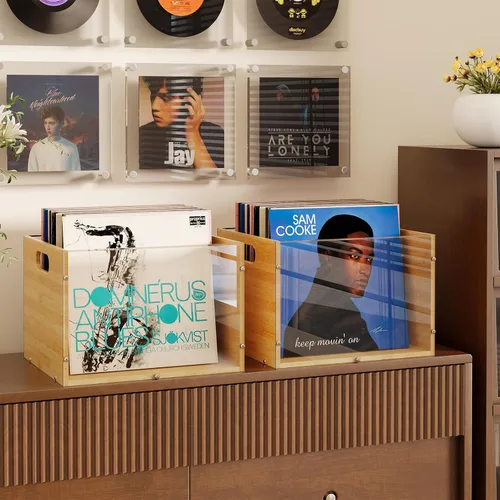 Vista 6 de Caja de almacenamiento para álbumes de discos, caja de discos de vinilo de bambú y acrílico, caja multifuncional con soporte visible para discos