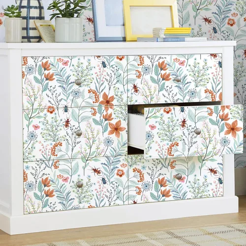 Vista 6 de VEELIKE Beetles - Papel tapiz floral para despegar y pegar, papel tapiz de flores azules y naranjas para dormitorio y baño, papel de contacto floral