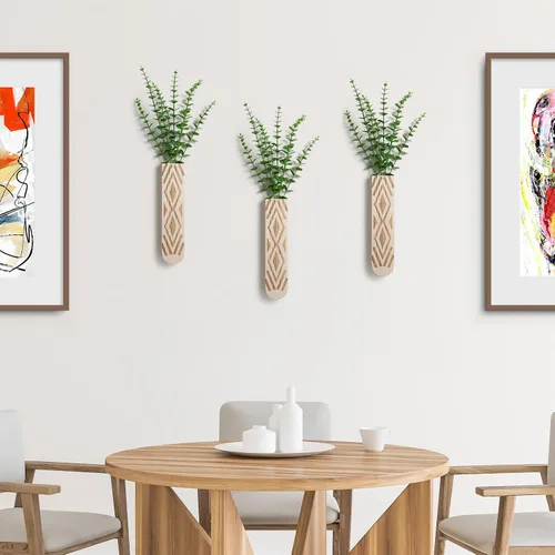 Vista 2 de Paquete de 3 macetas de pared de madera, arte de pared bohemio para entrada y decoración de baño, decoración moderna de granja, jarrón de decoración