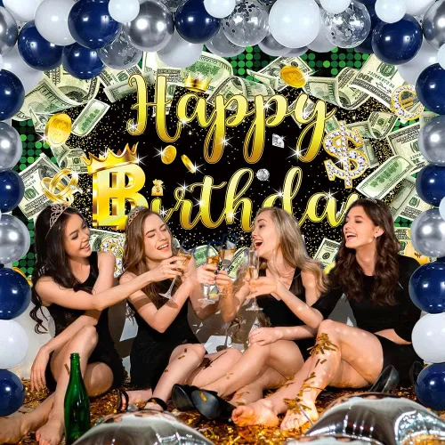 Vista 3 de Fondo de cumpleaños de 5 x 3 pies para fiesta de dinero, fondo de billetes de dólar, telón de fondo de hip hop, para niños, niñas y hombres