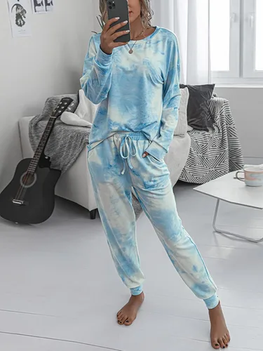 Vista 2 de IFFEI Conjunto de pijama para mujer, 2 piezas, teñido anudado, manga larga, sudadera con bolsillos
