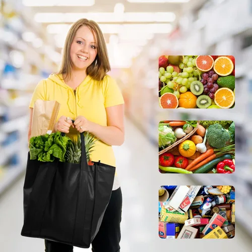Vista 2 de JERIA Paquete de 24 bolsas de comestibles reutilizables, bolsas de compras grandes y plegables lavables, bolsas de mano resistentes con asas Negro