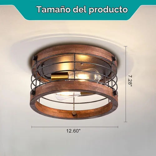 Vista 3 de Lámpara de Techo Empotrada Estilo Granja, 12.6 Pulgadas, Luminaria de Techo de Metal y Madera de 2 Luces, Lámpara de Techo Semi Tambor Rústico
