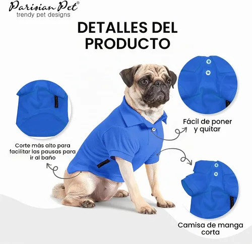 Vista 3 de Camisas Polo Parisian Pet - Camisa de Algodón Transpirable para Perros - Azul Sólido, Ropa de Verano con Capucha - Cuello con Botón para Perros Polo