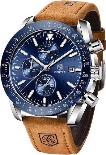 Vista 13 de BENYAR - Relojes para hombre, cronógrafo de cuarzo, marca de lujo, impermeable, relojes de pulsera de cuero marrón a la moda para hombres