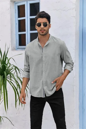 Vista 2 de Taoliyuan Camisas de lino de manga larga con botones para hombre, cuello mandarín, casual, ajuste regular