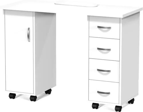 Vista 9 de OmySalon Mesa de Manicura con Gabinete, Cajones, Ruedas y Reposamuñecas, Estación de Trabajo de Madera para Salón de Spa y Belleza, Equipo de Arte
