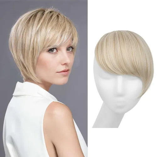 Vista 23 de SARLA Flequillo lateral negro marrón con clip en piezas de cabello sintético, extensión de flequillo recto para mujeres