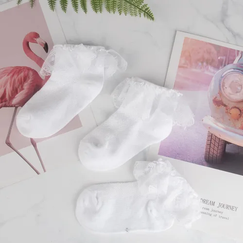 Vista 5 de Looching 4 pares de calcetines de princesa de encaje para bebés y niñas pequeñas, calcetines de algodón con volantes sólidos al tobillo