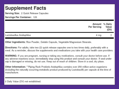 Vista 8 de Piping Rock Cápsulas probióticas de Acidophilus 240 unidades 1 mg 250 millones de UFC para hombres y mujeres Suplemento sin OMG, sin gluten