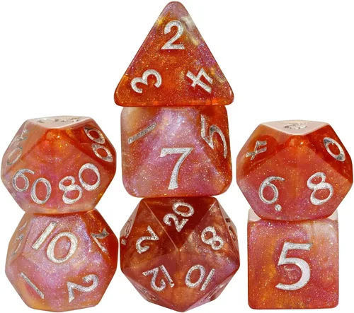 Vista 28 de Juego de dados de resina para DND, juego de 7 dados poliédricos negros D&D rellenos con papel de colores brillantes para juegos de rol