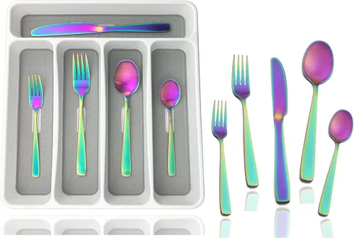 Vista 19 de JASHII - Juego de cubiertos con bandeja, 20 piezas de acero inoxidable cuadrado cubiertos servicio para 4, acabado mate, utensilios de alimentación