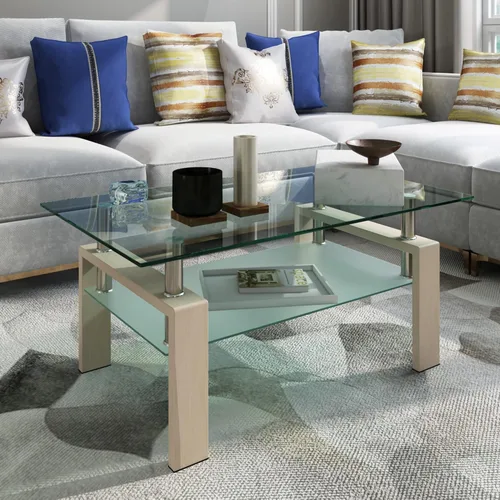 Vista 7 de Mesa auxiliar de cristal para sala de estar, mesa central rectangular de 2 niveles con patas de metal, mesa auxiliar para el hogar, oficina